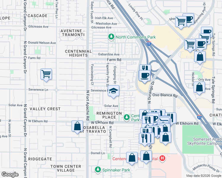map of restaurants, bars, coffee shops, grocery stores, and more near 7404 Beguiling Court in Las Vegas