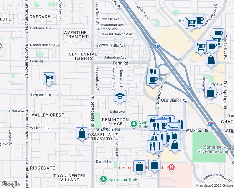 map of restaurants, bars, coffee shops, grocery stores, and more near 7404 Bewitching Court in Las Vegas