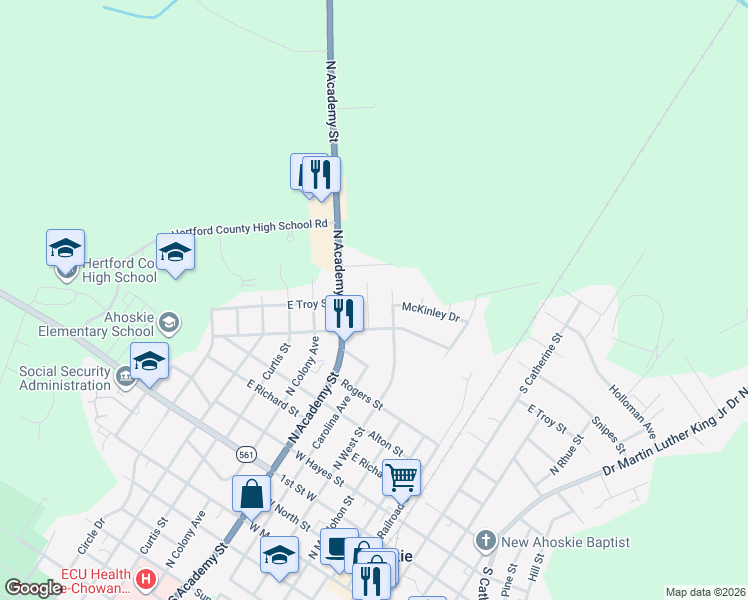 map of restaurants, bars, coffee shops, grocery stores, and more near N West St in Ahoskie