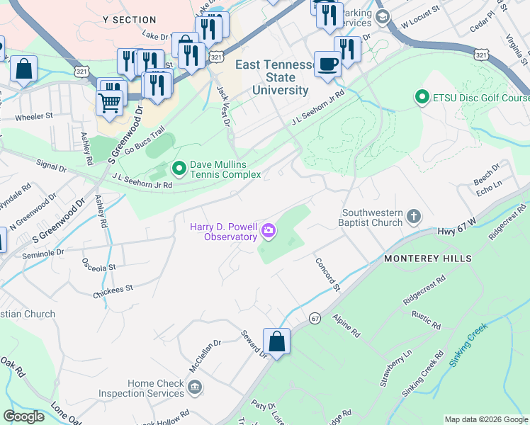 map of restaurants, bars, coffee shops, grocery stores, and more near 146-762 Narrow Lane in Johnson City
