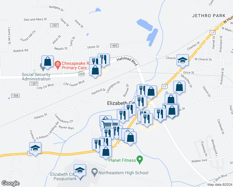 map of restaurants, bars, coffee shops, grocery stores, and more near 1711 Wesley Drive in Elizabeth City