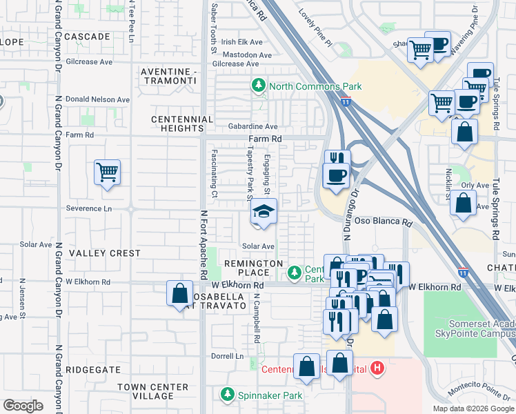 map of restaurants, bars, coffee shops, grocery stores, and more near 7404 Beguiling Court in Las Vegas
