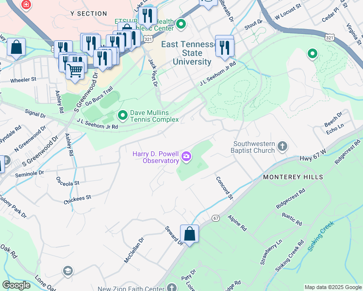 map of restaurants, bars, coffee shops, grocery stores, and more near 146-762 Narrow Lane in Johnson City