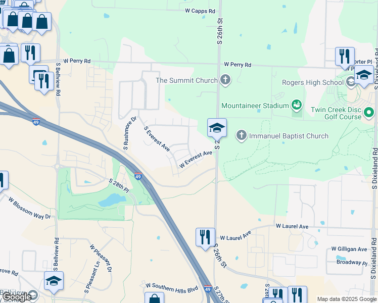 map of restaurants, bars, coffee shops, grocery stores, and more near 2709 West Shasta Road in Rogers
