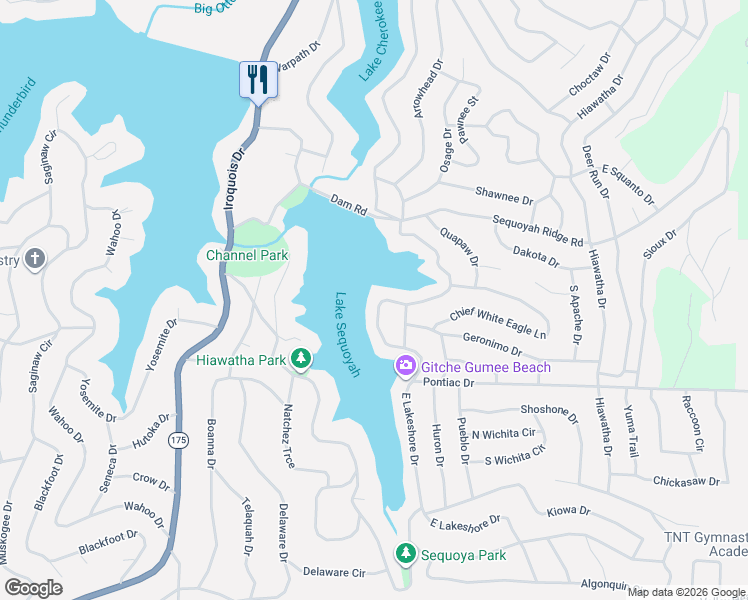 map of restaurants, bars, coffee shops, grocery stores, and more near 175 East Lakeshore Drive in Cherokee Village