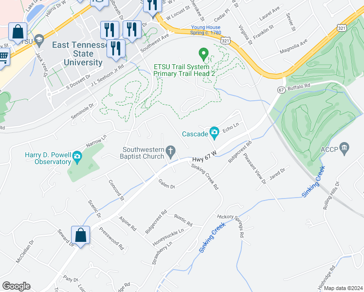 map of restaurants, bars, coffee shops, grocery stores, and more near 1093 College Heights Drive in Johnson City