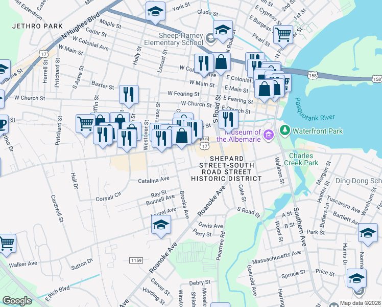 map of restaurants, bars, coffee shops, grocery stores, and more near 516 Ball Street in Elizabeth City