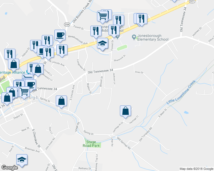 map of restaurants, bars, coffee shops, grocery stores, and more near 115 Scott Lane in Jonesborough