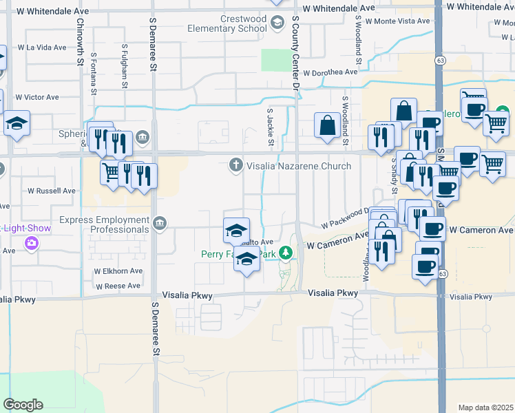 map of restaurants, bars, coffee shops, grocery stores, and more near 3102 West Loyola Court in Visalia