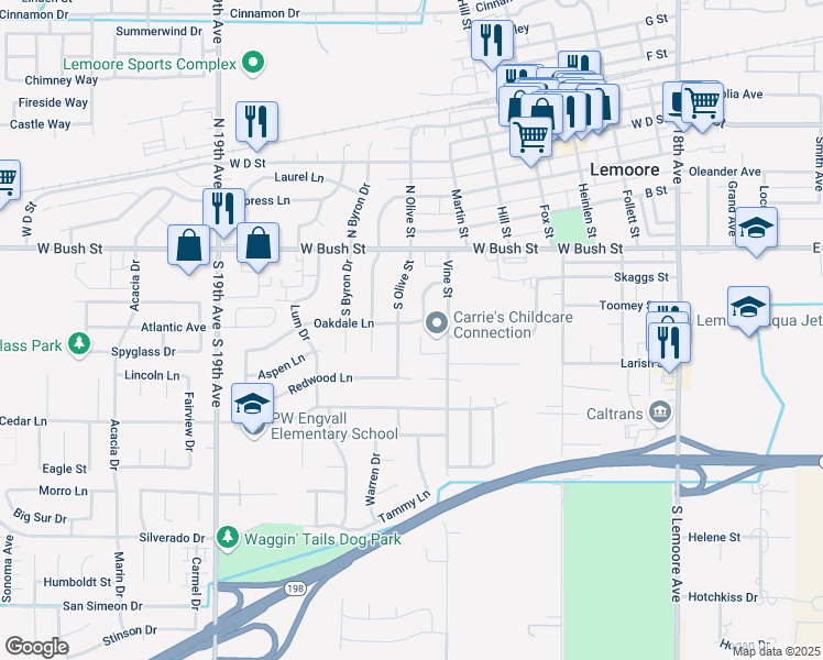 map of restaurants, bars, coffee shops, grocery stores, and more near 110 South Olive Street in Lemoore