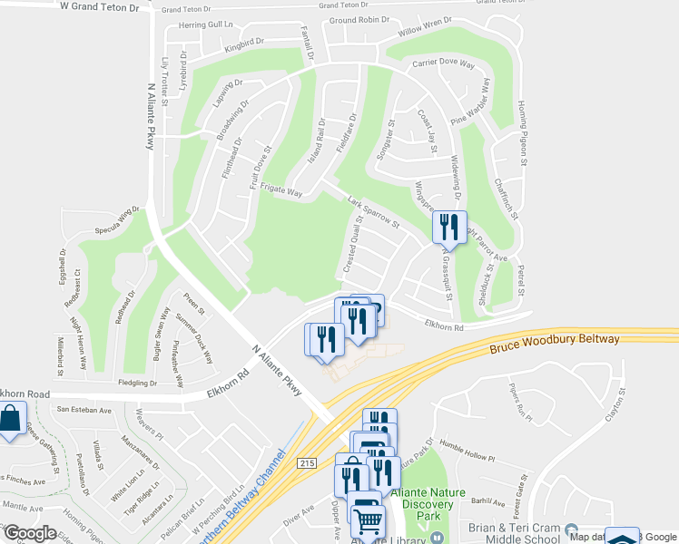 map of restaurants, bars, coffee shops, grocery stores, and more near 7441 Crested Quail Street in North Las Vegas