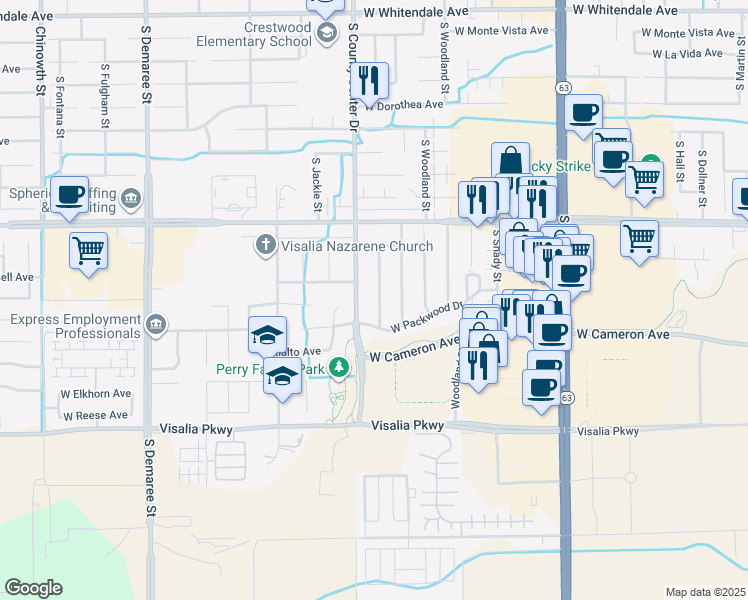 map of restaurants, bars, coffee shops, grocery stores, and more near 3847 South Linda Vista Street in Visalia