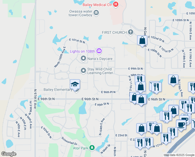 map of restaurants, bars, coffee shops, grocery stores, and more near 10705 East 97th Place North in Owasso
