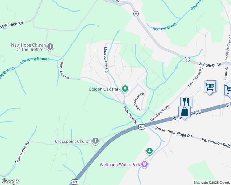 map of restaurants, bars, coffee shops, grocery stores, and more near 181 New Hope Rd in Jonesborough