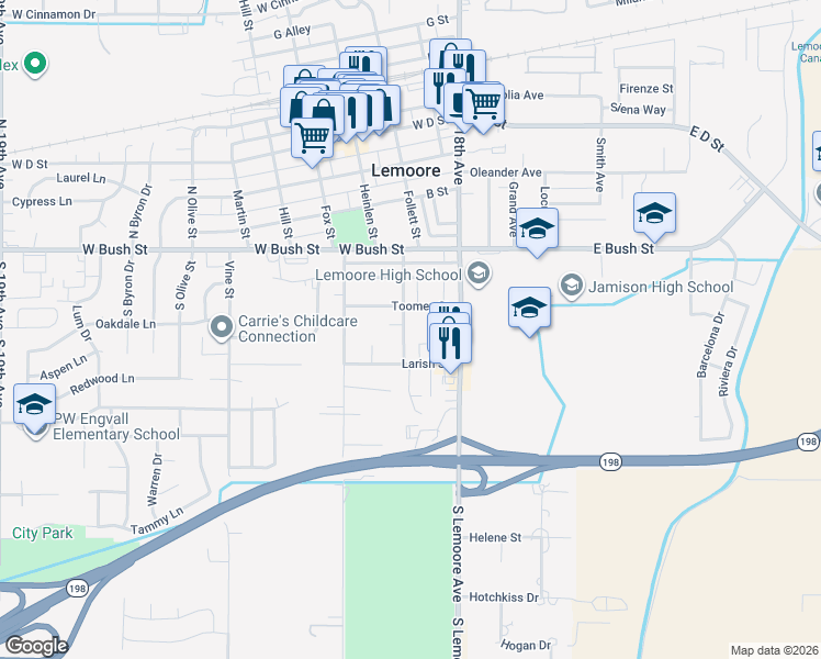 map of restaurants, bars, coffee shops, grocery stores, and more near 242 Hamlet Street in Lemoore