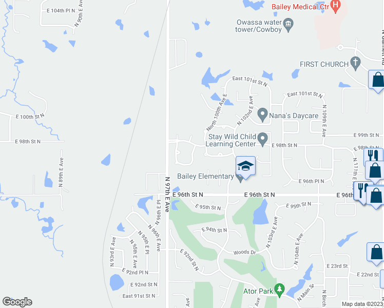 map of restaurants, bars, coffee shops, grocery stores, and more near 9703 North 99th East Avenue in Owasso