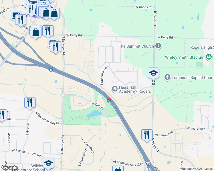 map of restaurants, bars, coffee shops, grocery stores, and more near 2809 West Ajax Avenue in Rogers