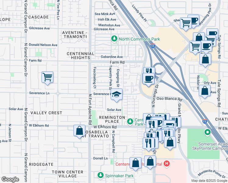map of restaurants, bars, coffee shops, grocery stores, and more near 7404 Beguiling Court in Las Vegas