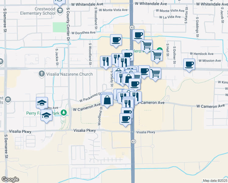 map of restaurants, bars, coffee shops, grocery stores, and more near 3940 South Shady Court in Visalia