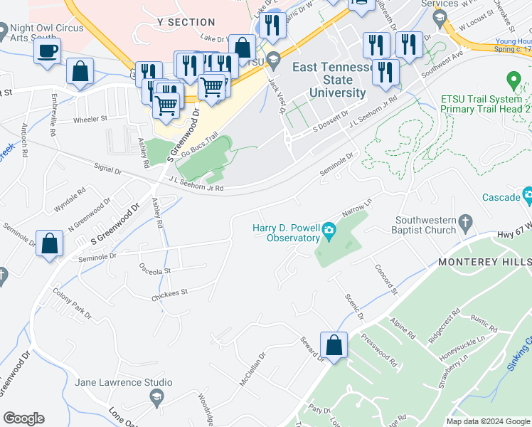 map of restaurants, bars, coffee shops, grocery stores, and more near 1301 Seminole Drive in Johnson City