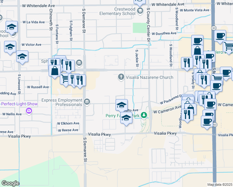 map of restaurants, bars, coffee shops, grocery stores, and more near 3248 West Loyola Avenue in Visalia