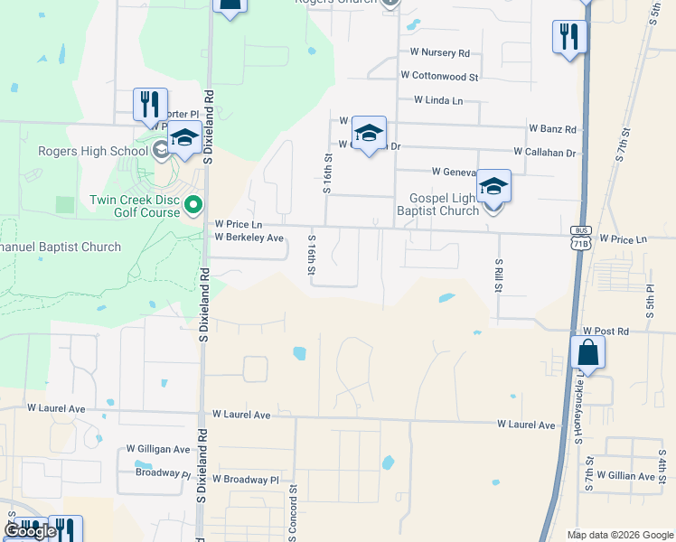 map of restaurants, bars, coffee shops, grocery stores, and more near 2434 South 15th Place in Rogers