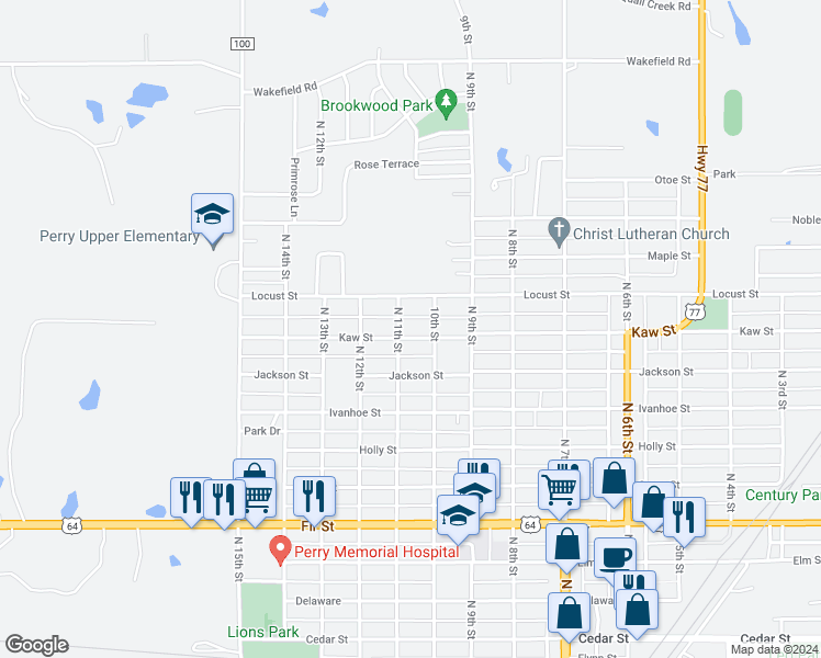 map of restaurants, bars, coffee shops, grocery stores, and more near 1011 Kaw Street in Perry
