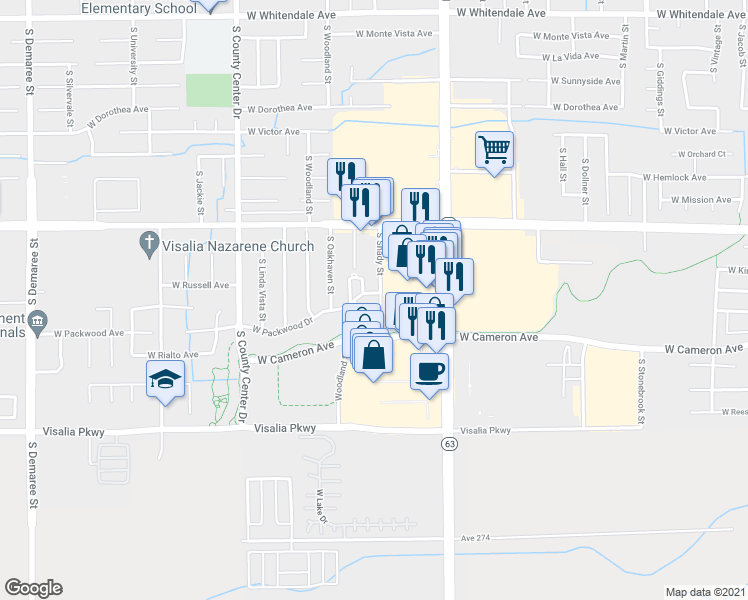 map of restaurants, bars, coffee shops, grocery stores, and more near 3901 South Shady Court in Visalia