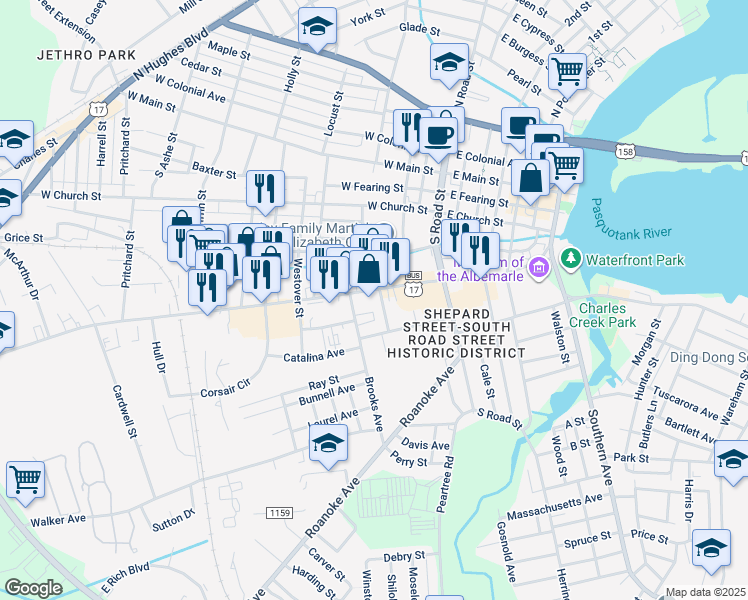 map of restaurants, bars, coffee shops, grocery stores, and more near 510 Brooks Ave in Elizabeth City