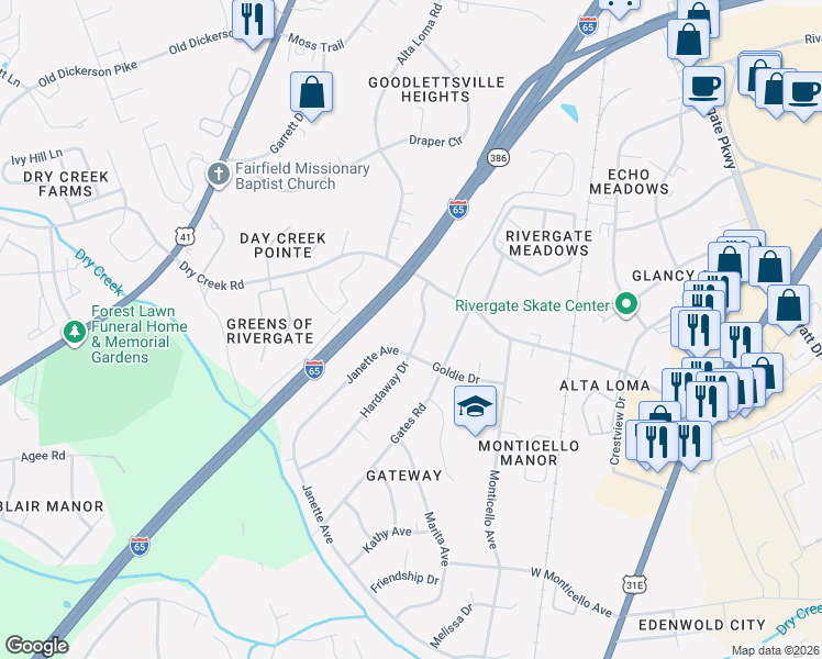 map of restaurants, bars, coffee shops, grocery stores, and more near 111 Hardaway Drive in Goodlettsville