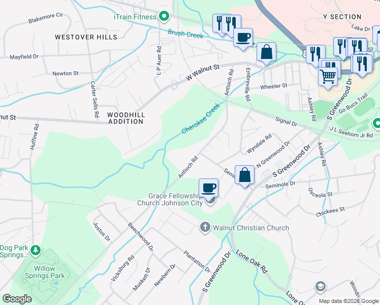 map of restaurants, bars, coffee shops, grocery stores, and more near 1014 Antioch Road in Johnson City