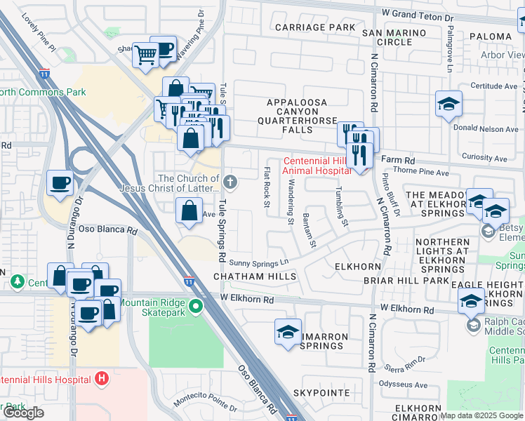 map of restaurants, bars, coffee shops, grocery stores, and more near 7409 Flat Rock Street in Las Vegas