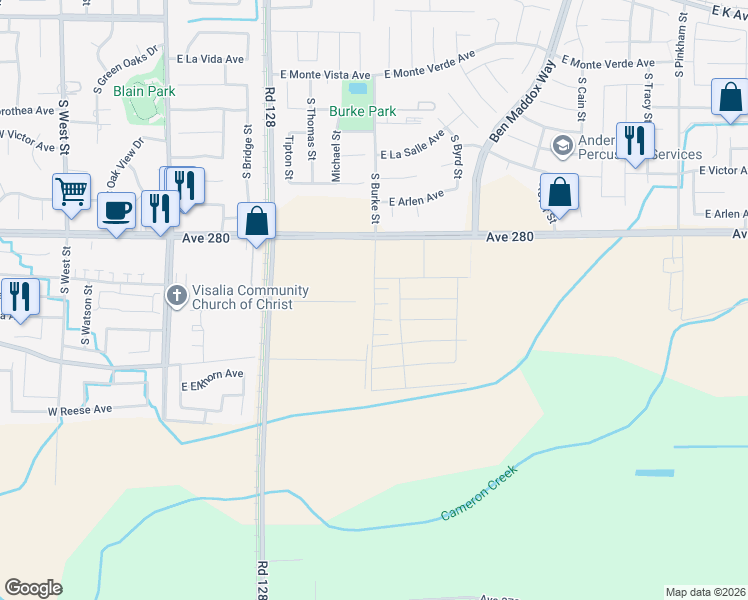 map of restaurants, bars, coffee shops, grocery stores, and more near 901 East Caldwell Avenue in Visalia