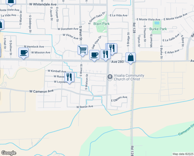 map of restaurants, bars, coffee shops, grocery stores, and more near 222 West Loyola Avenue in Visalia