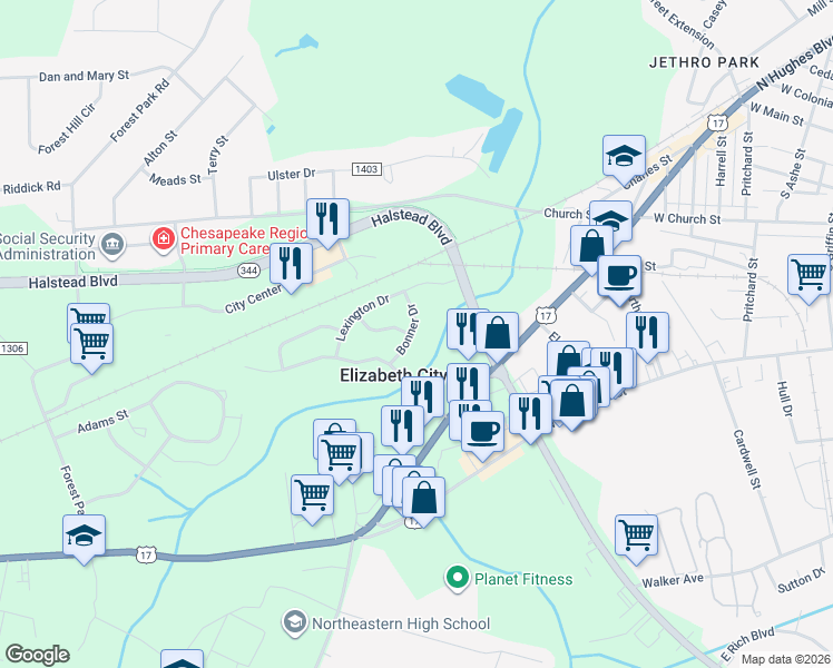 map of restaurants, bars, coffee shops, grocery stores, and more near 416 Bonner Drive in Elizabeth City
