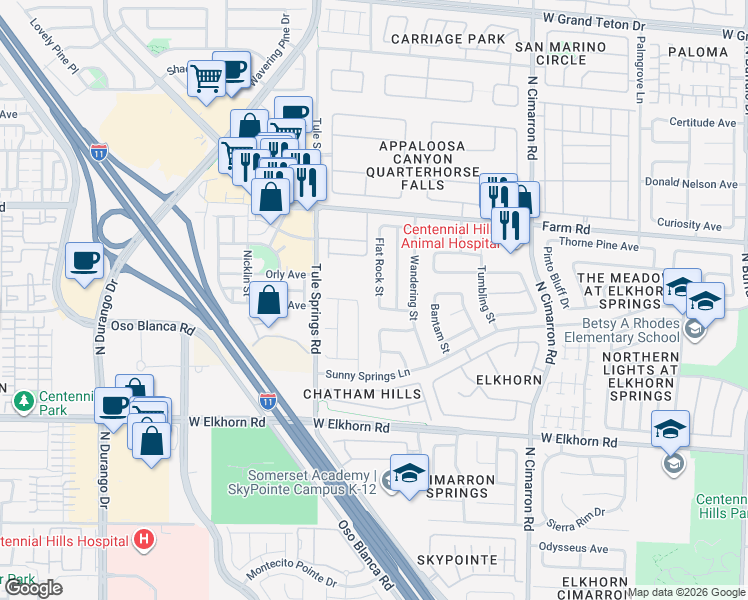 map of restaurants, bars, coffee shops, grocery stores, and more near 7409 Flat Rock Street in Las Vegas