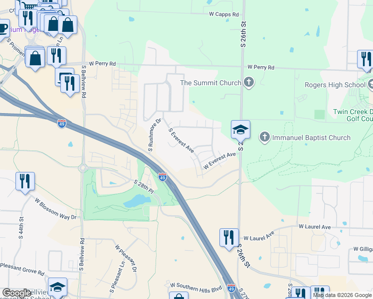 map of restaurants, bars, coffee shops, grocery stores, and more near 2712 South Everest Avenue in Rogers