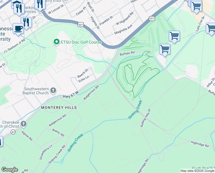 map of restaurants, bars, coffee shops, grocery stores, and more near 2003 Pleasant View Drive in Johnson City