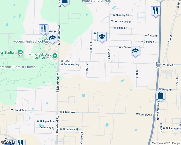 map of restaurants, bars, coffee shops, grocery stores, and more near 2428 South 15th Place in Rogers