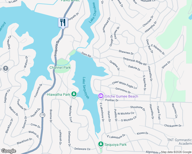 map of restaurants, bars, coffee shops, grocery stores, and more near 175 East Lakeshore Drive in Cherokee Village