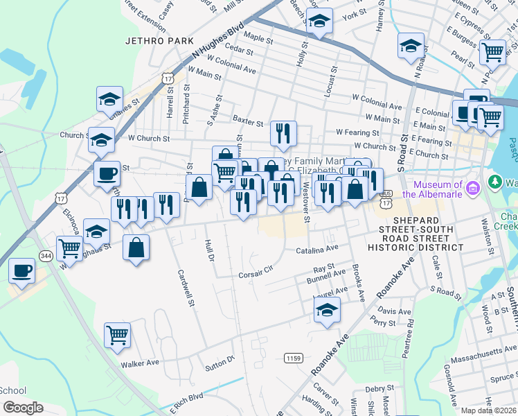 map of restaurants, bars, coffee shops, grocery stores, and more near 912 West Ehringhaus Street in Elizabeth City