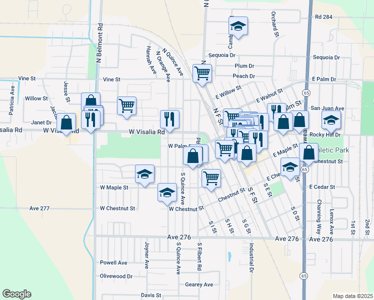map of restaurants, bars, coffee shops, grocery stores, and more near 132 North Quince Avenue in Exeter