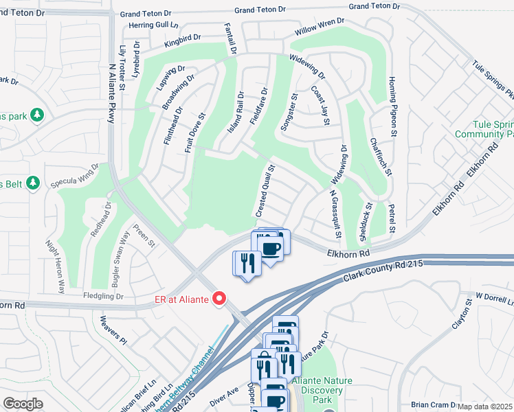 map of restaurants, bars, coffee shops, grocery stores, and more near 7453 Crested Quail Street in North Las Vegas