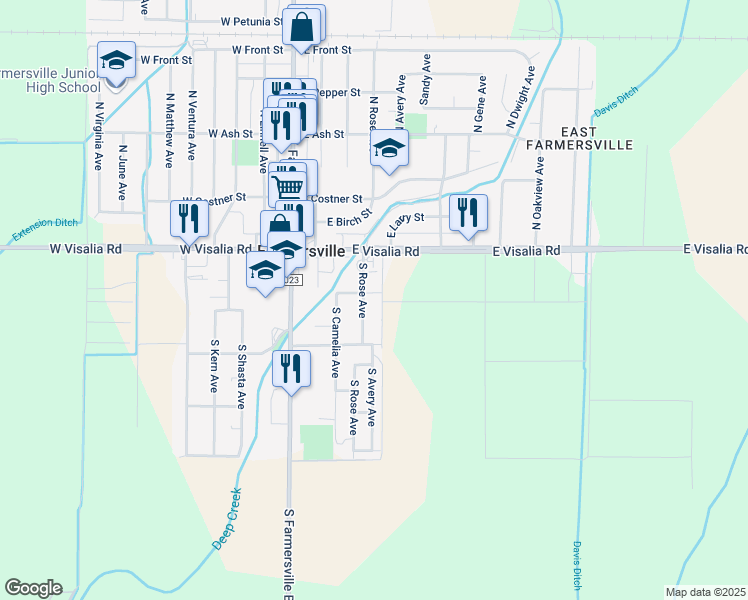map of restaurants, bars, coffee shops, grocery stores, and more near 370 South Rose Avenue in Farmersville