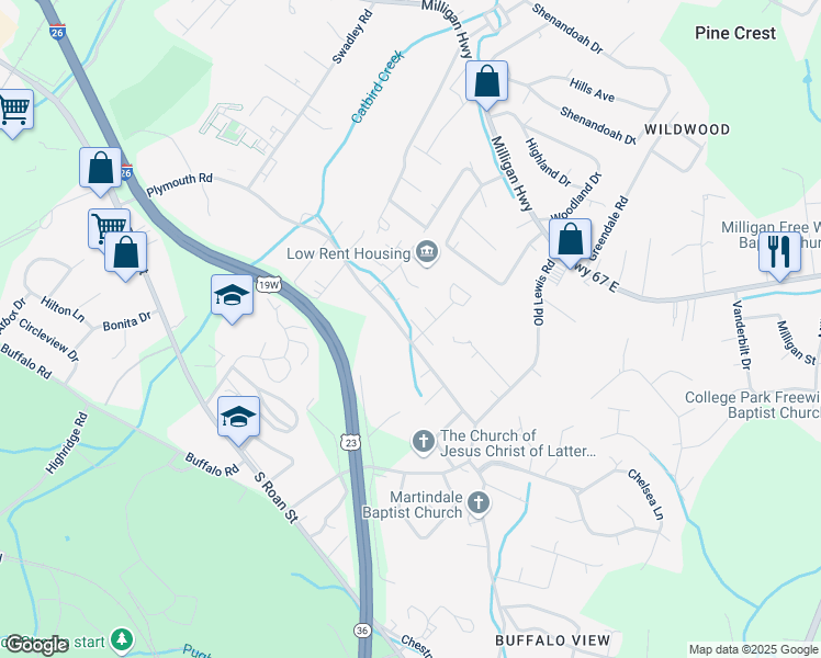 map of restaurants, bars, coffee shops, grocery stores, and more near 2820 Plymouth Road in Johnson City