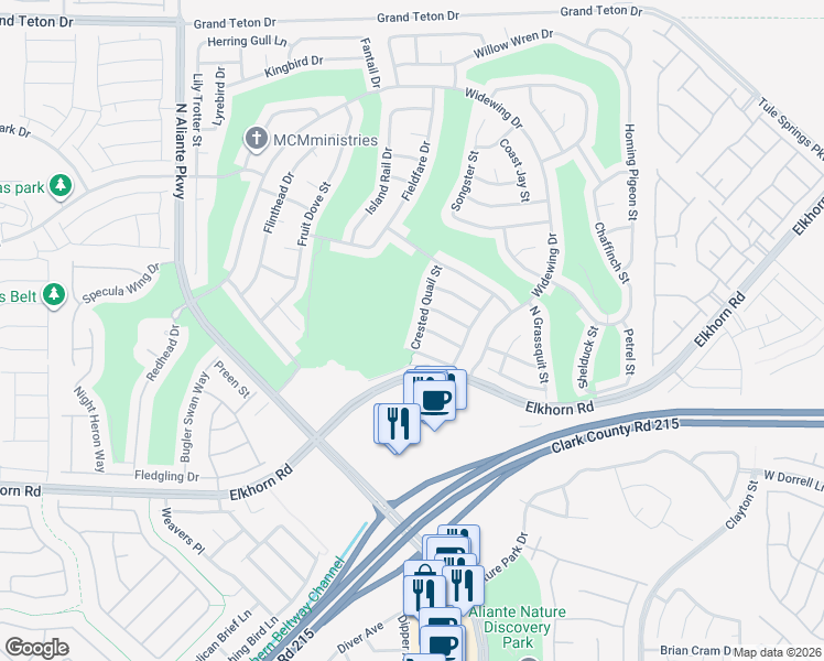 map of restaurants, bars, coffee shops, grocery stores, and more near 7453 Crested Quail Street in North Las Vegas