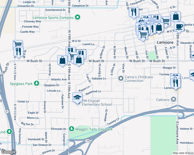 map of restaurants, bars, coffee shops, grocery stores, and more near 945 Aspen Court in Lemoore