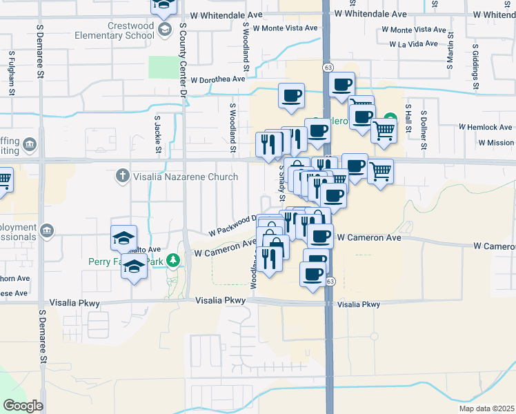 map of restaurants, bars, coffee shops, grocery stores, and more near 2422 West Packwood Drive in Visalia