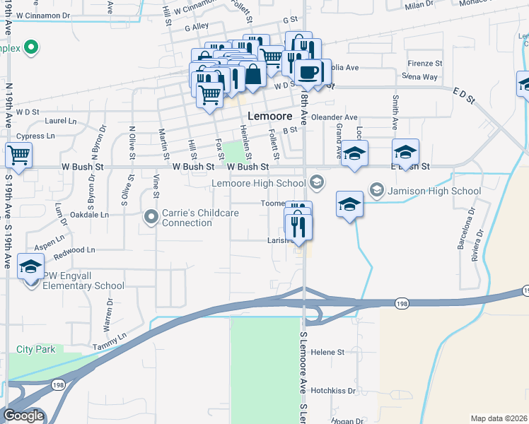 map of restaurants, bars, coffee shops, grocery stores, and more near 242 Hamlet St in Lemoore