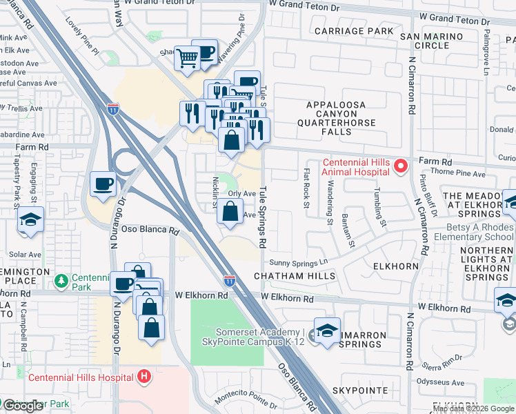 map of restaurants, bars, coffee shops, grocery stores, and more near 7454 North Pember Street in Las Vegas